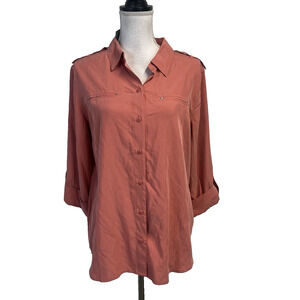 Chico's Shirt Blouse sz 10 12/2 Santa Fe Coral Secret Silk Career Casual Pockets